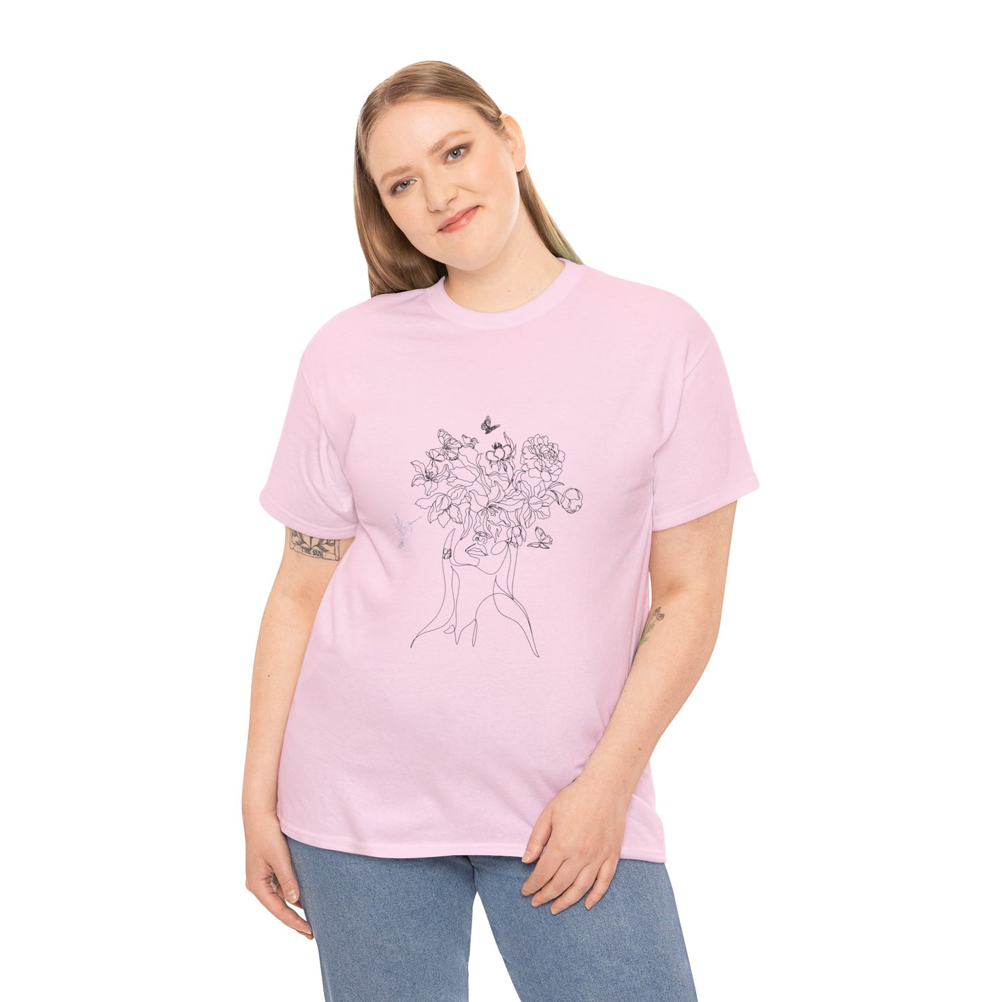 Floral Art Sketch Woman Flowers Hummingbird Unisex Heavy Cotton Tee - Beautiful Gift for Her, Everyday Comfort, Spring Style, Unique Graphic Shirt