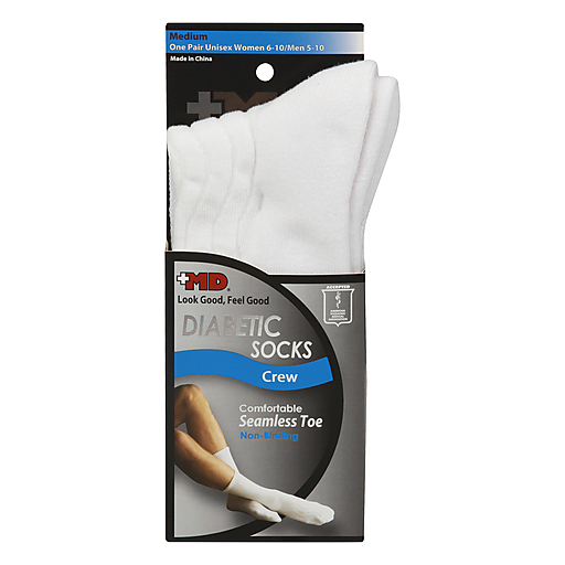 MD White Diabetic Crew Socks Mediun 1 Pair