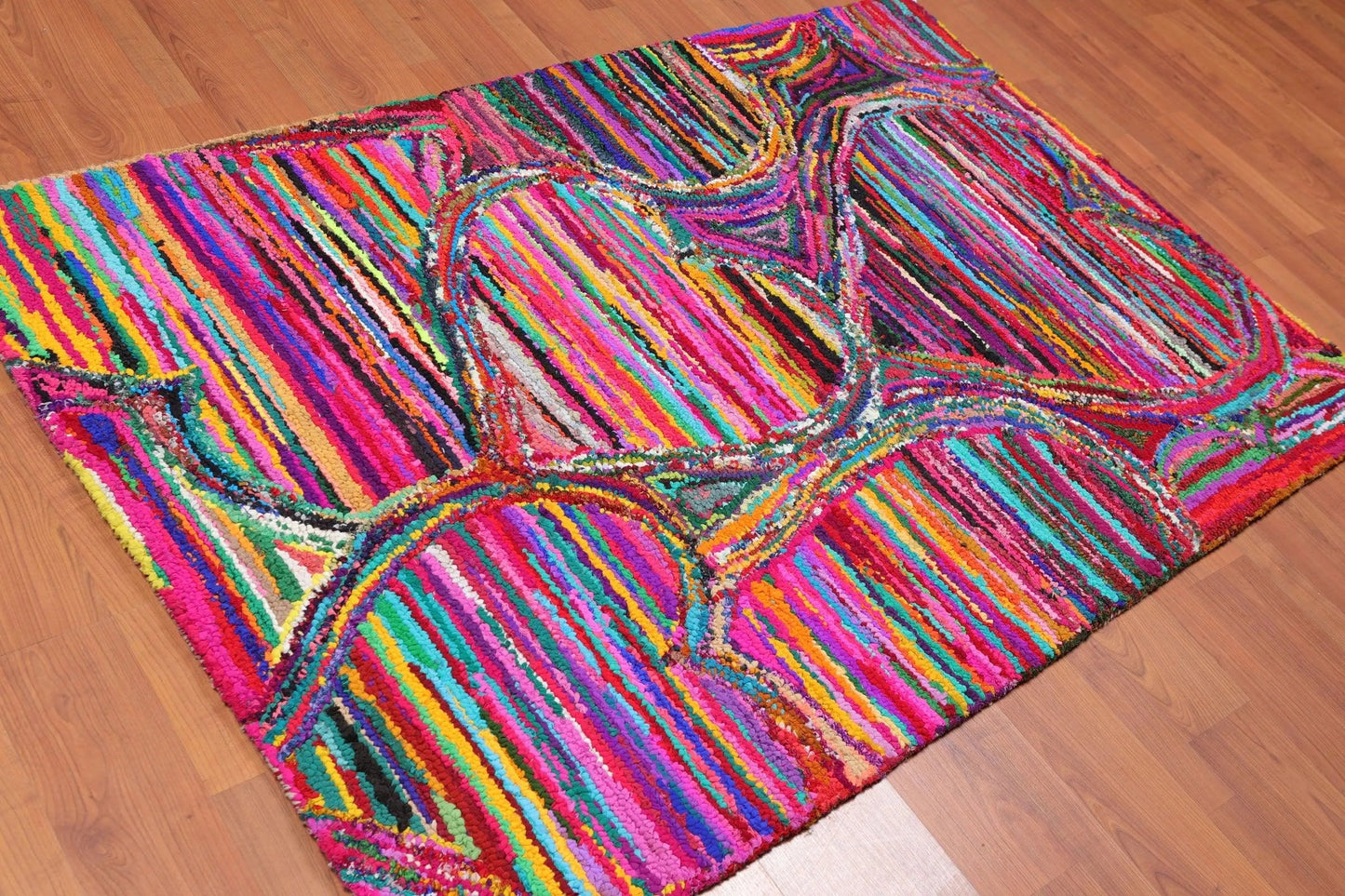 4 x 6 Handmade Abstract 100% Cotton Oriental Area Rug Boho Modern Pink-4