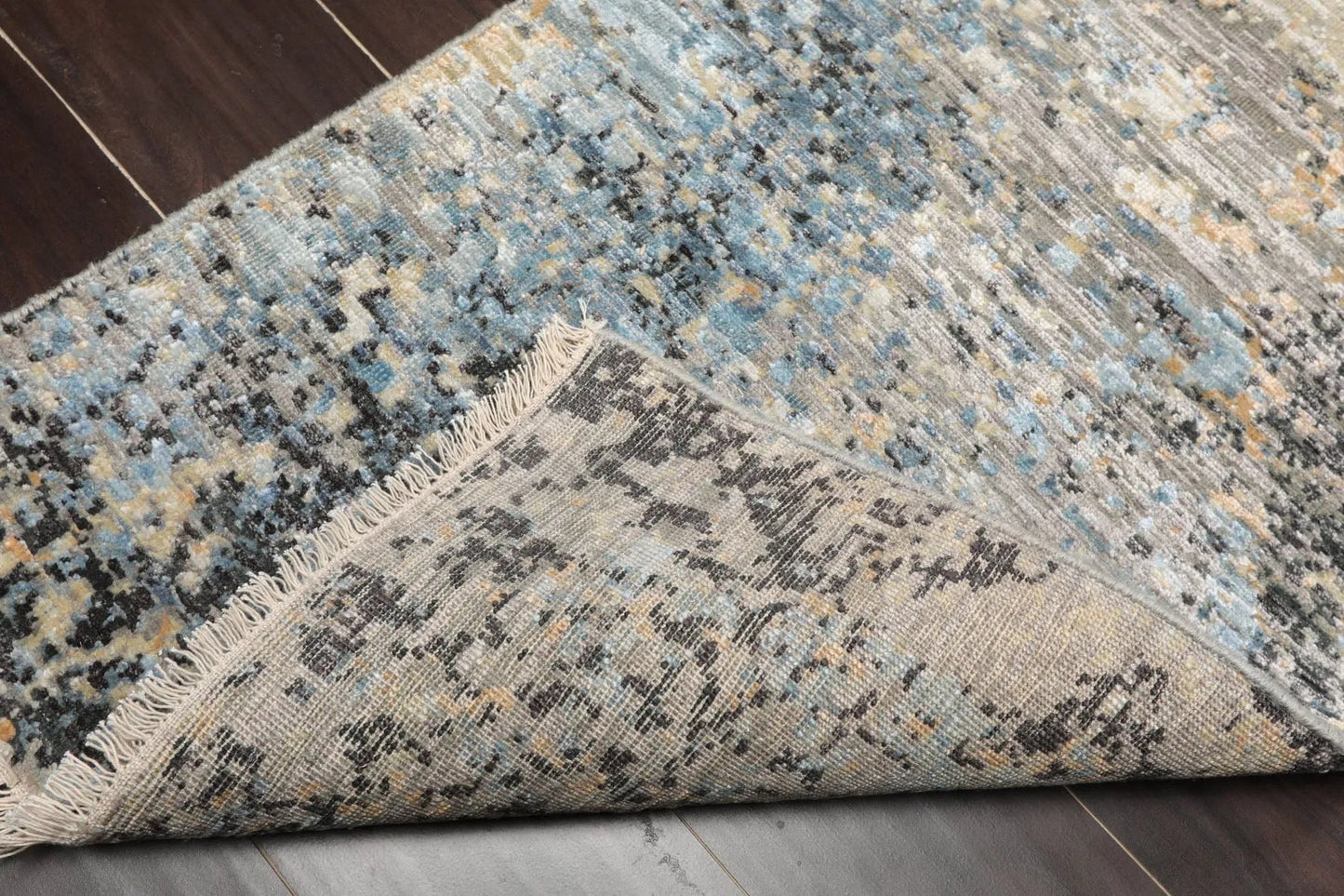 2'x3' Gray Hand Knotted Tibetan Modern Abstract Wool and Bamboo Silk Oriental Area Rug-4