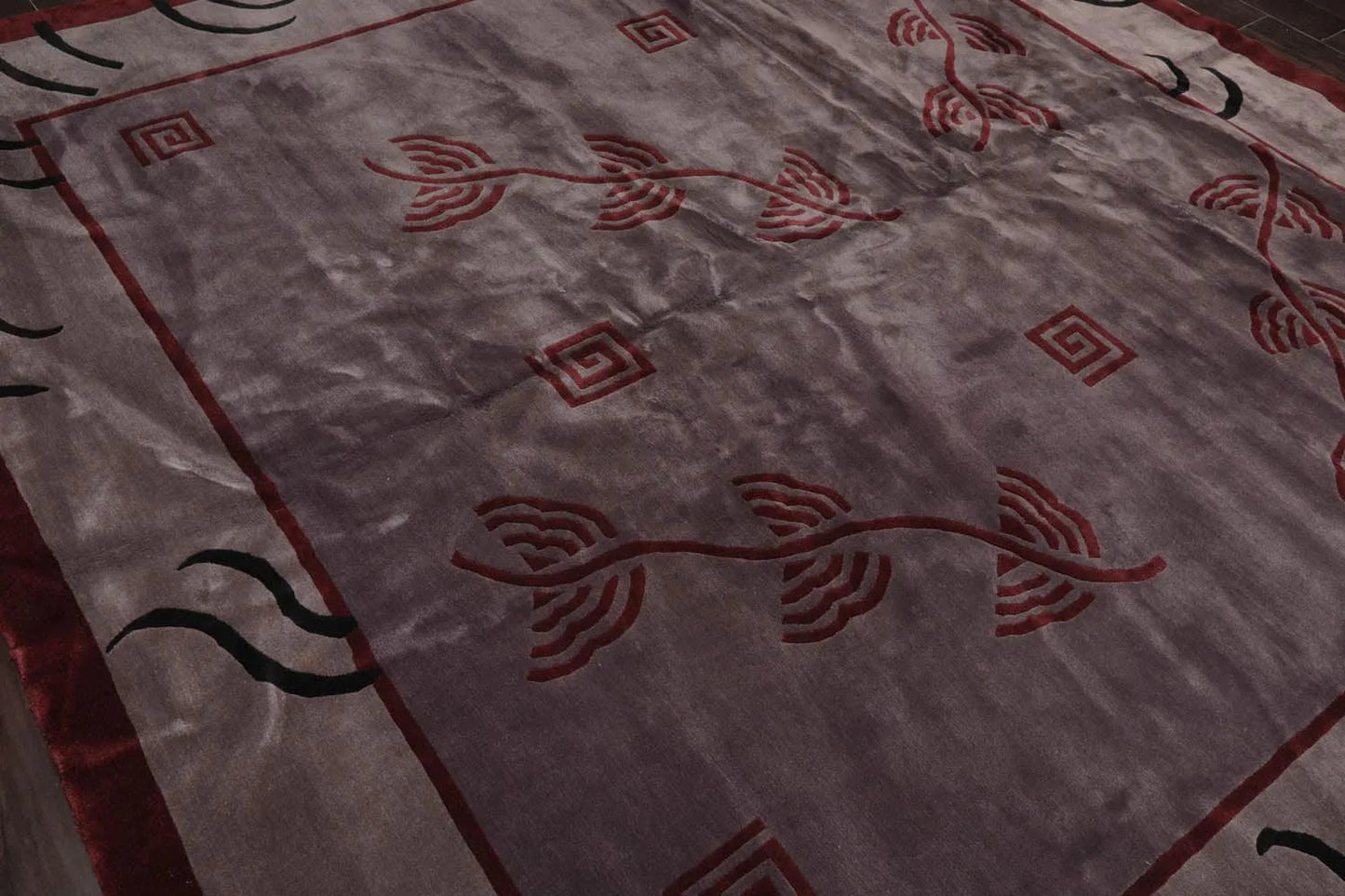 Endless Knots Tibetan Square Hand Knotted Wool Area Rug Aubergine 9'4'' x 9'6''-4