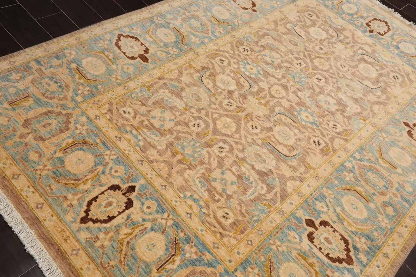 6'x8'9'' Hand Knotted 100% Wool Peshawar Traditional Oriental Area Rug Taupe, Aqua Color-4
