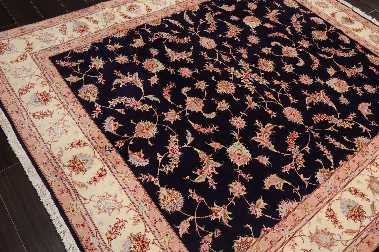 5x7 Hand Knotted Persian Wool and Silk Tabriz 300 KPSI Traditional Oriental Area Rug Blue,Ivory Color-4