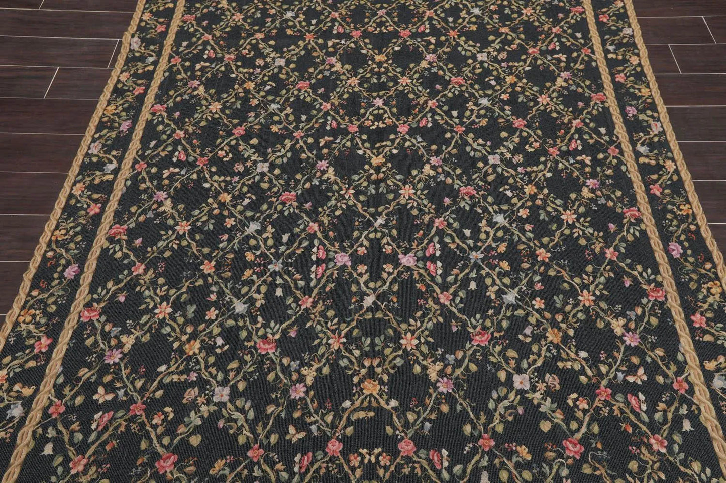 6x9 Black Hand Woven Wool French Aubusson Needlepoint Flat pile Oriental Area Rug-4
