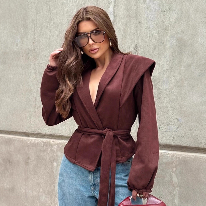 Vintage Wine Red Belted Coat Women Design Loose V-Neck Suede