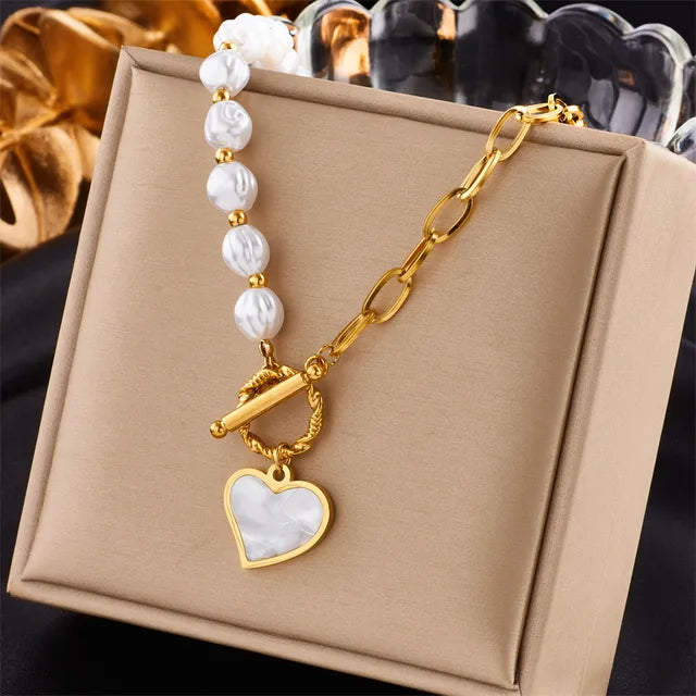 Titanium Steel Gold Color Heart Pearl Pendant Necklace For Women Punk Street Rustproof Neck Jewelry Party Gift