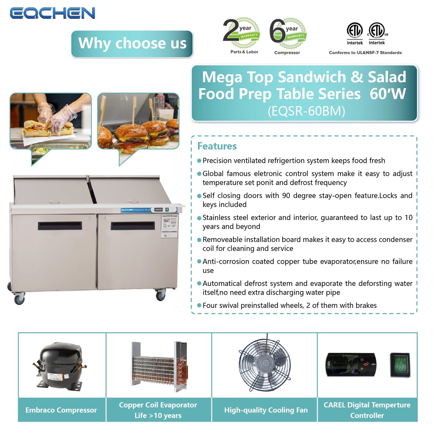 60 inch Salad Sandwich Prep Table Refrigerator, Mega Top, Stainless Steel Food Prep Cooler