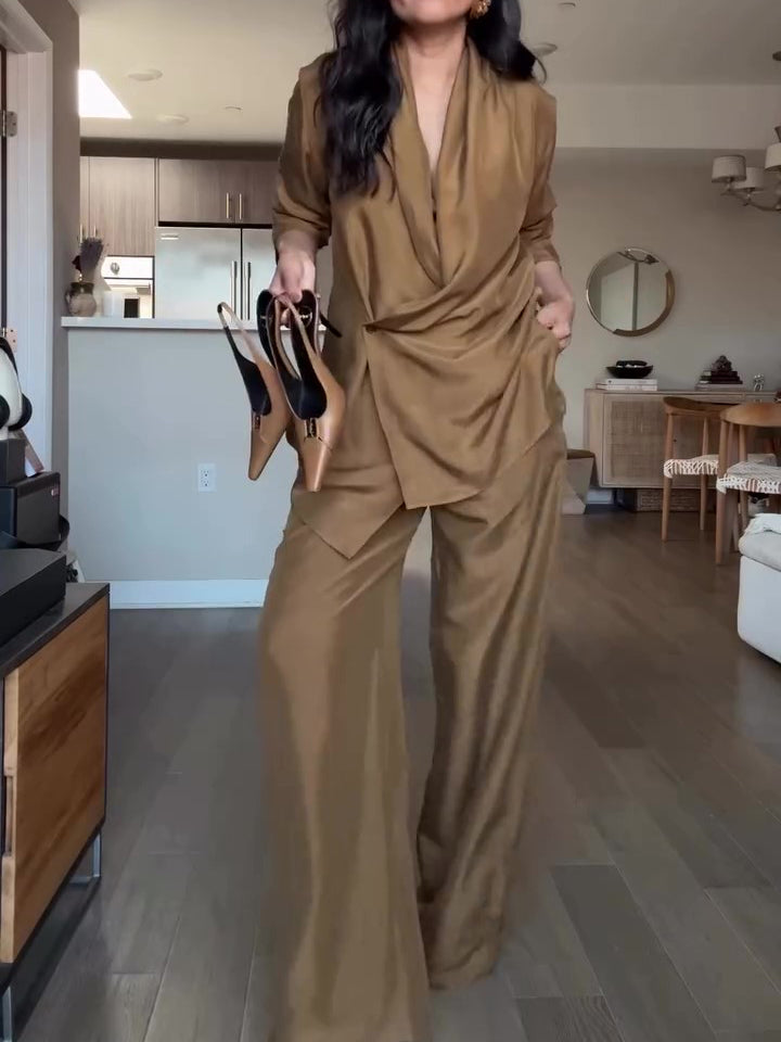 Wrap-Style Satin Blouse And Wide-Leg Pants Set