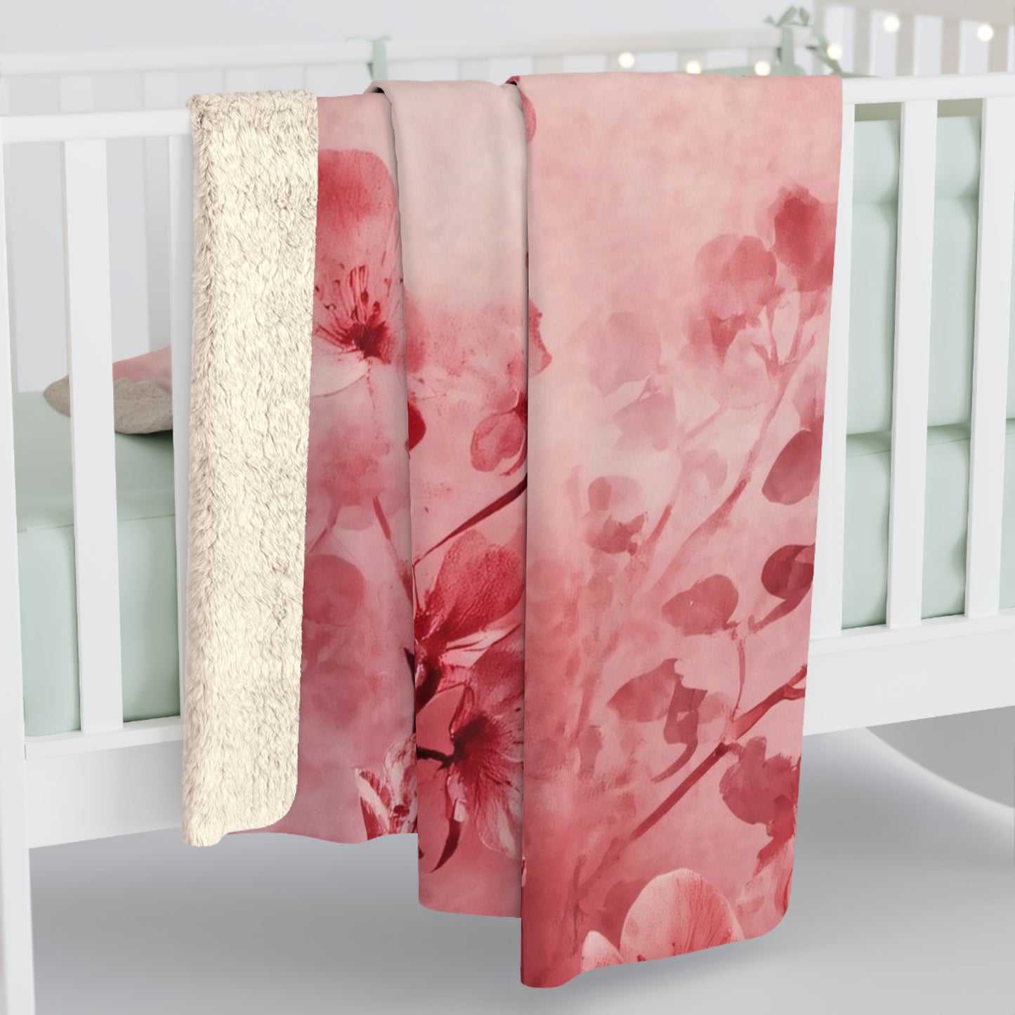 Pink Floral Branch Sherpa Fleece Blanket Blossom Watercolor Throw