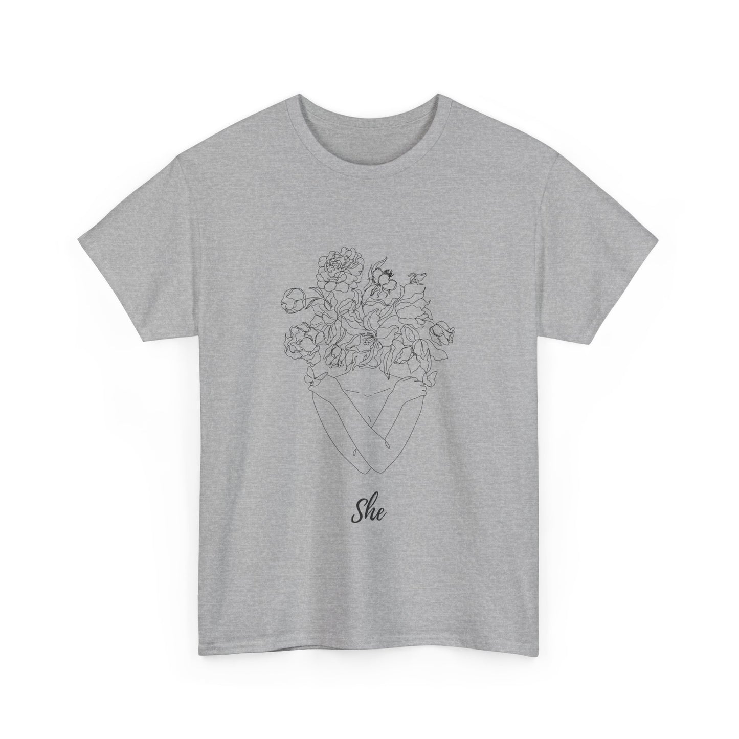 SHE Floral Love Unisex Heavy Cotton Tee, Casual T-Shirt, Gift for Her, Summer Fashion, Relaxed Fit Tee