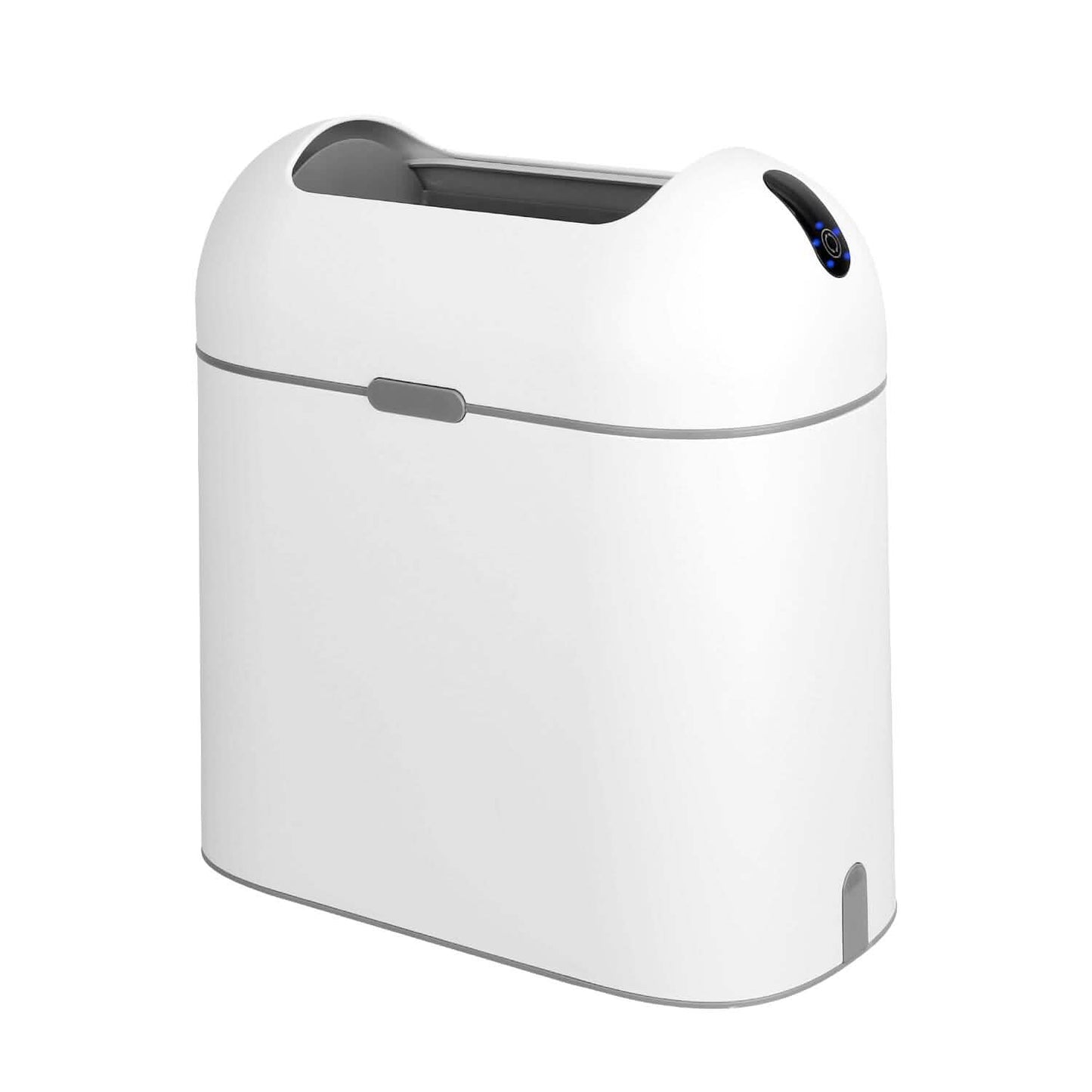 White trash bin with a black top on a white background. 2.38 Gal/9L Automatic Trash Can
