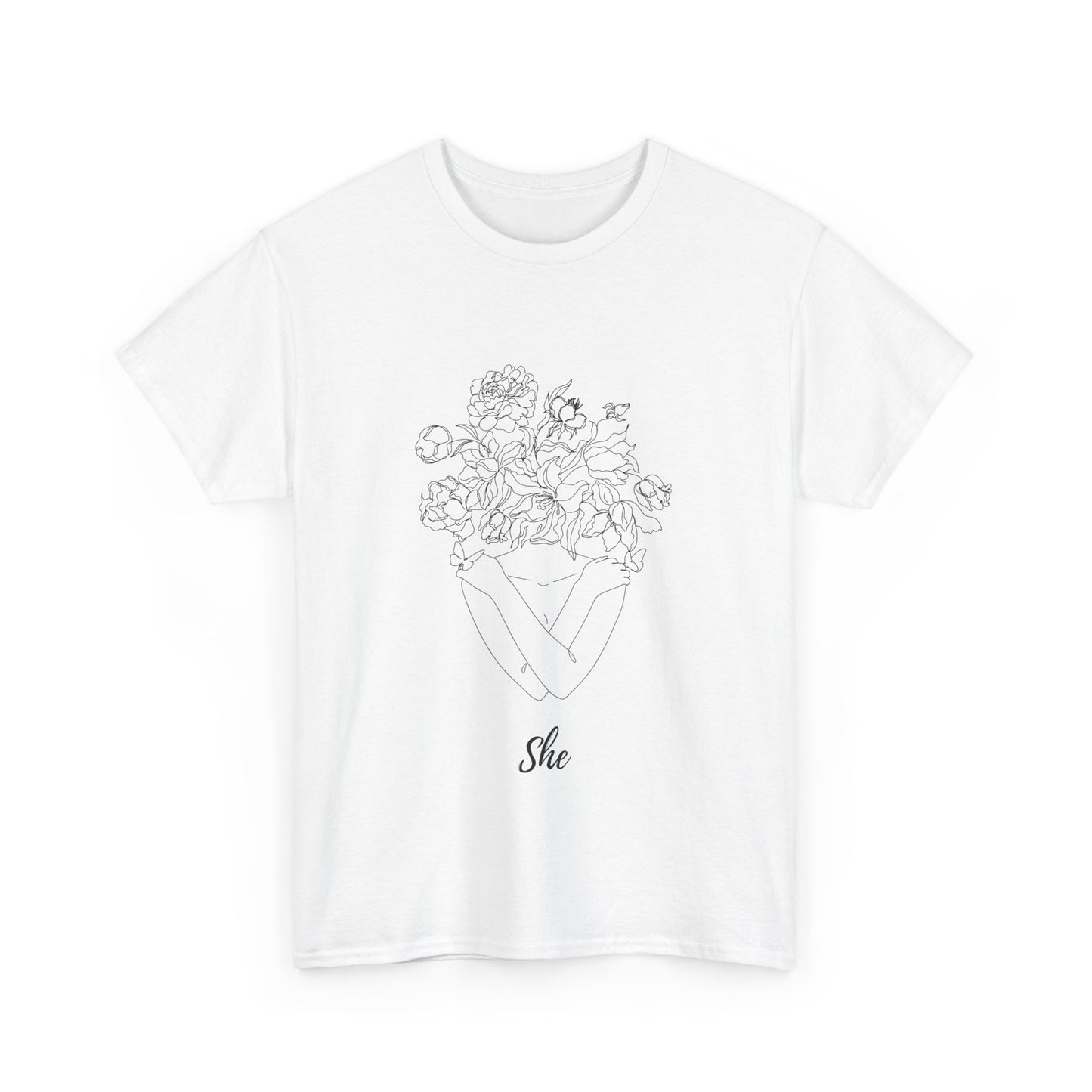 SHE Floral Love Unisex Heavy Cotton Tee, Casual T-Shirt, Gift for Her, Summer Fashion, Relaxed Fit Tee