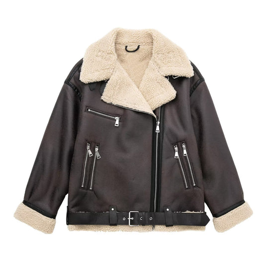 Stand up collar long sleeved patchwork fleece PU trench coat for women