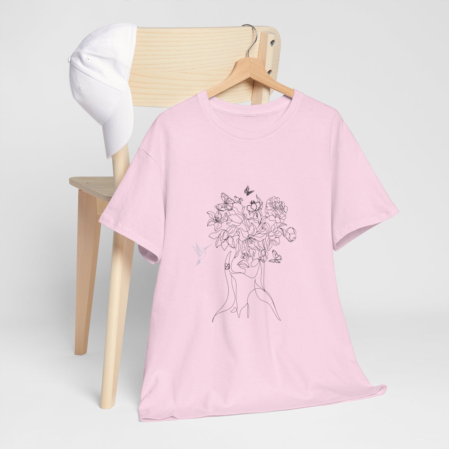 Floral Art Sketch Woman Flowers Hummingbird Unisex Heavy Cotton Tee - Beautiful Gift for Her, Everyday Comfort, Spring Style, Unique Graphic Shirt