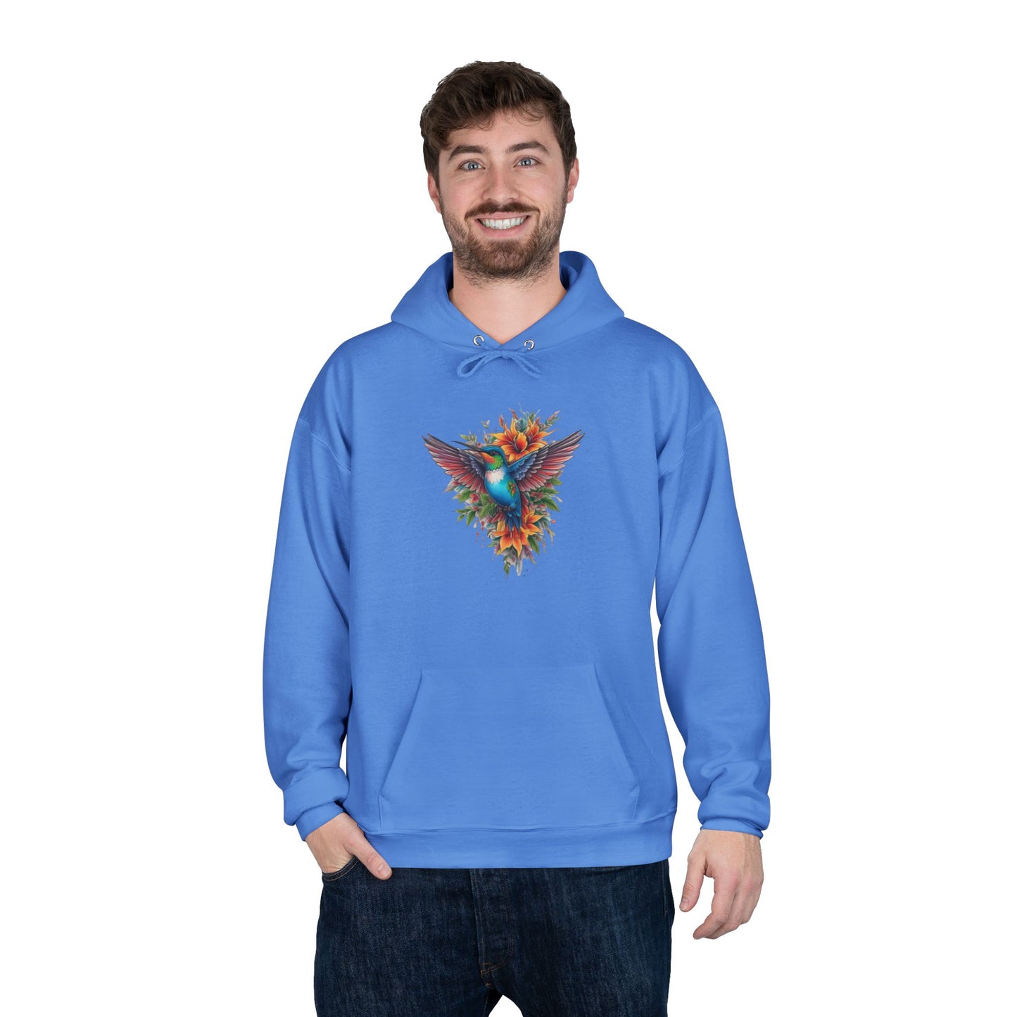 Vibrant Hummingbird Hoodie, Eco-Friendly Pullover, Perfect Gift for Nature Lovers, Spring Fashion, Unique Floral Design
