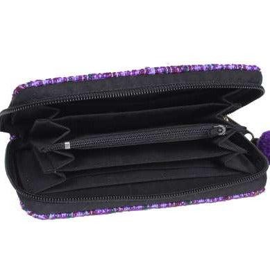Black pouch with purple trim on a white background
