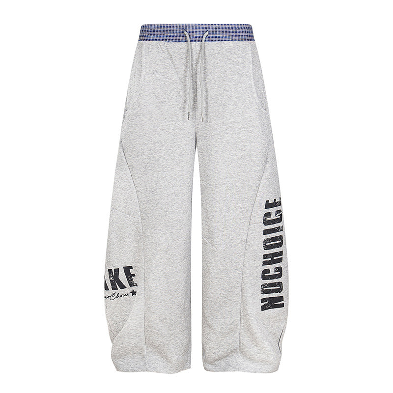 Spliced Letter Print Casual Pants Unisex Loose Wide-Legged Tapered Pants