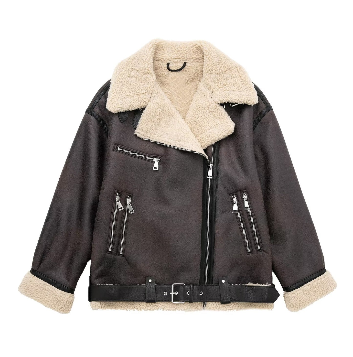 Stand up collar long sleeved patchwork fleece PU trench coat for women