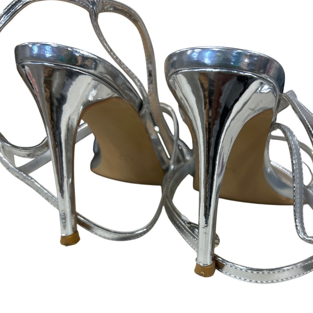 Coutgo Womens Size 9 Silver 4.75" Heels Open Round Toe Strappy Ankle Shoes