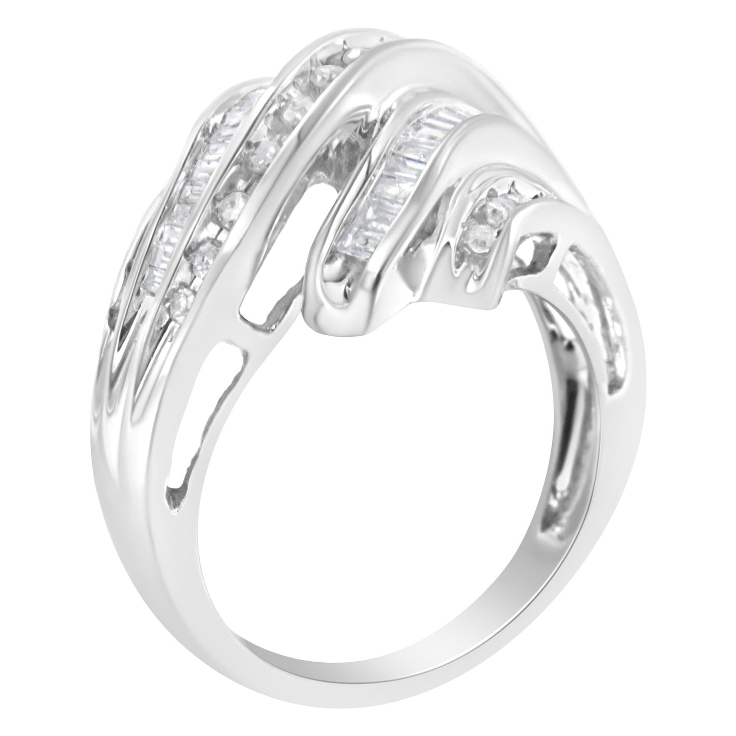 10K White Gold Round and Baguette Cut Diamond Channel Ring (3/4 Cttw, H-I Color, SI2-I1 Clarity)-4