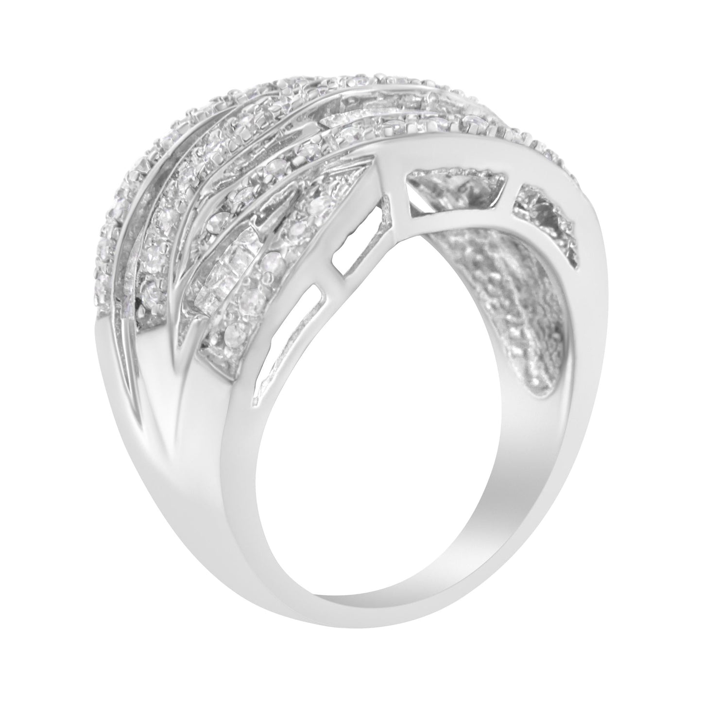 .925 Sterling Silver 1.0 Cttw Channel Set Alternating Round and Baguette Diamond Cross-over Bypass Ring Band (I-J Color, I2-I3 Clarity)-4