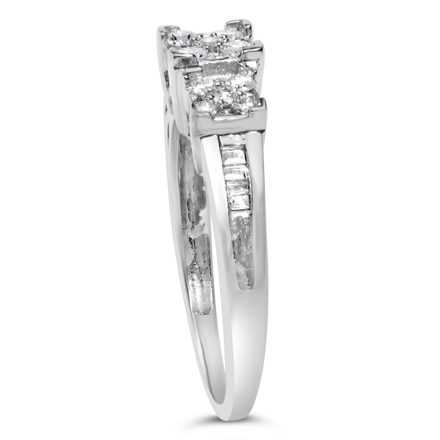 10K White Gold 1/2 Cttw Brilliant & Baguette Cut Diamond 3 Stone Design with 3 Square Clusters Engagement Ring (H-I Color, SI2-I1 Clarity)-4