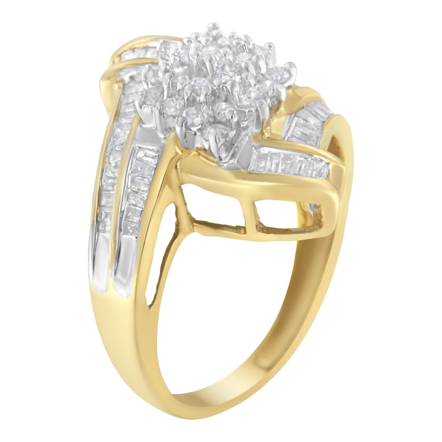 10K Yellow Gold Round and Baguette-Cut Diamond Bypass Cluster Ring (1.0 Cttw, I-J Color, I1-I2 Clarity)-4