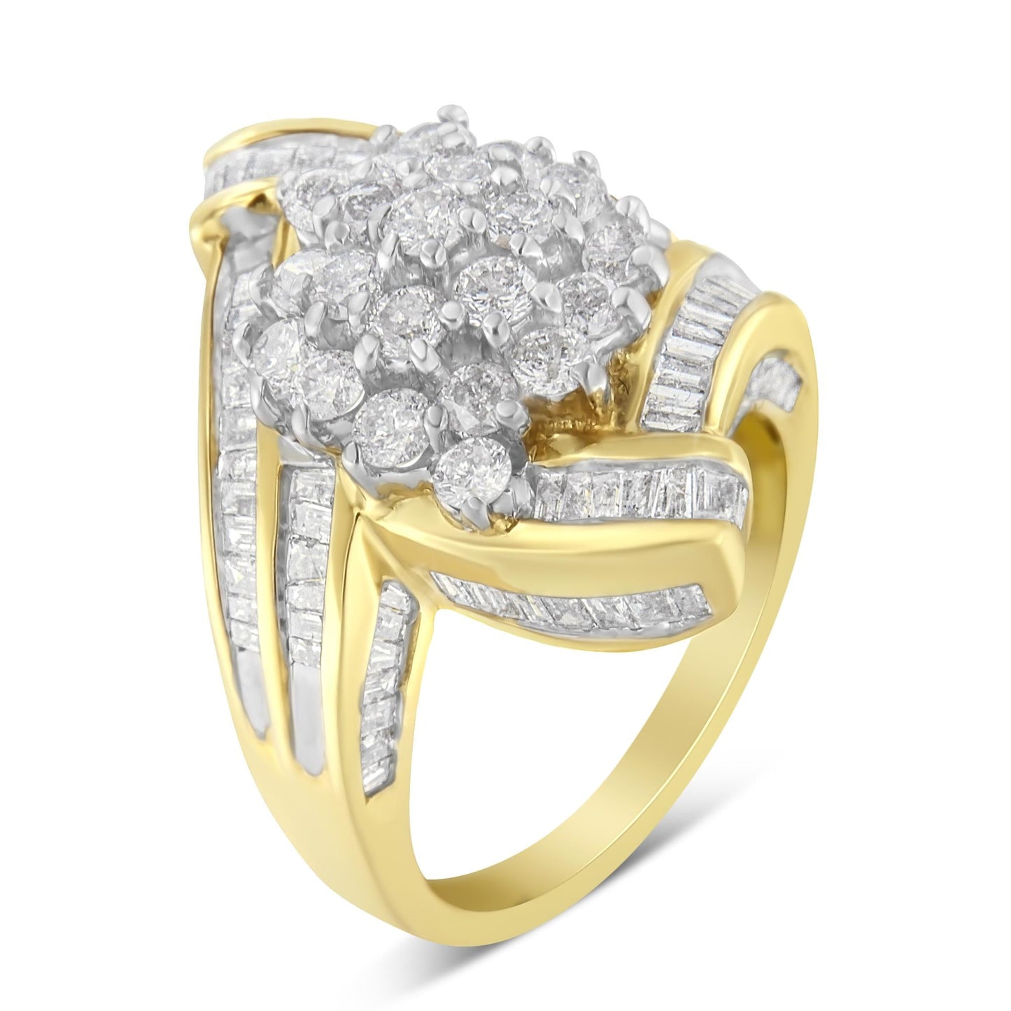 10K Yellow Gold Round and Baguette Diamond Crossover Cluster Ring (3 Cttw, I-J Color, I1-I2 Clarity)-4