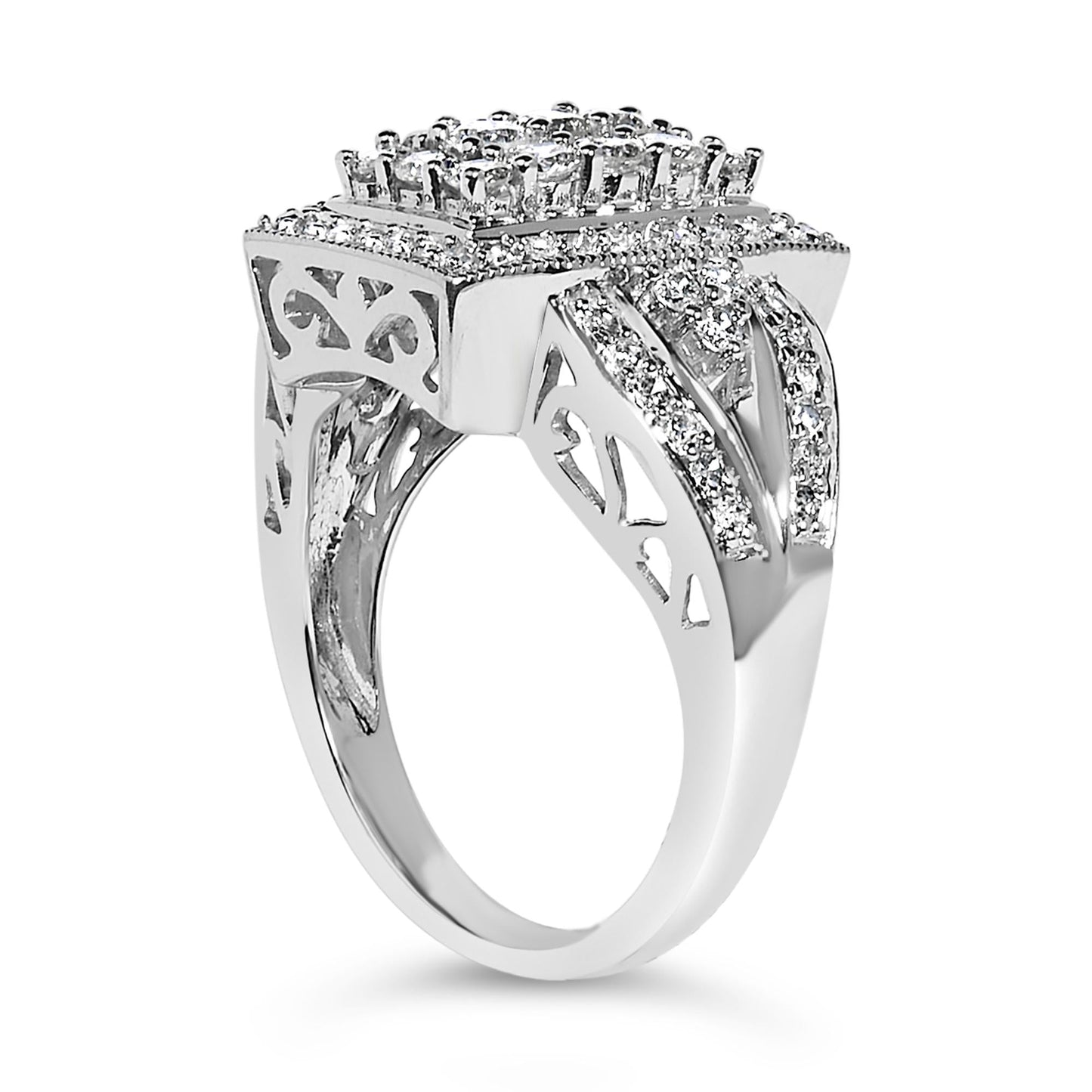 10K White Gold 1.0 Cttw Diamond Rectangular Cushion Shaped Cluster Halo Flared Band Cocktail Fashion Ring (H-I Color, SI2-I1 Clarity)-4