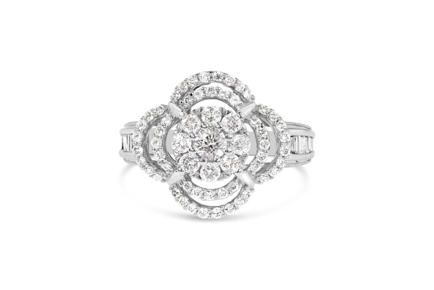 14K White Gold 1.0 Cttw Round & Baguette Cut Diamond Floral Cluster Quatrefoil Channel Set Band Cocktail Statement Ring (H-I Color, SI2-I1 Clarity)-4