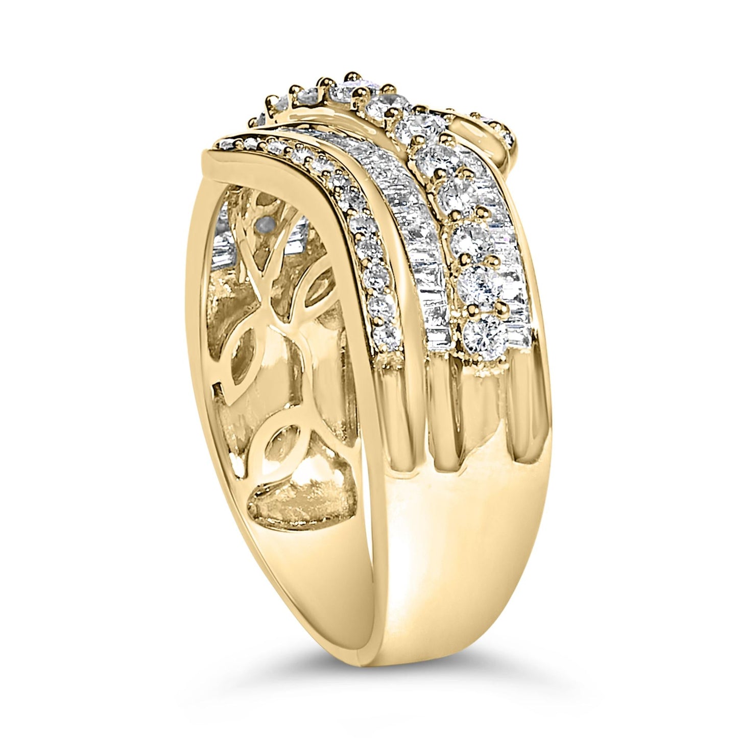 10K Yellow Gold 1.0 Cttw Baguette and Round Diamond Multi-Row Wave Bypass Ring (I-J Color, I1-I2 Clarity)-4