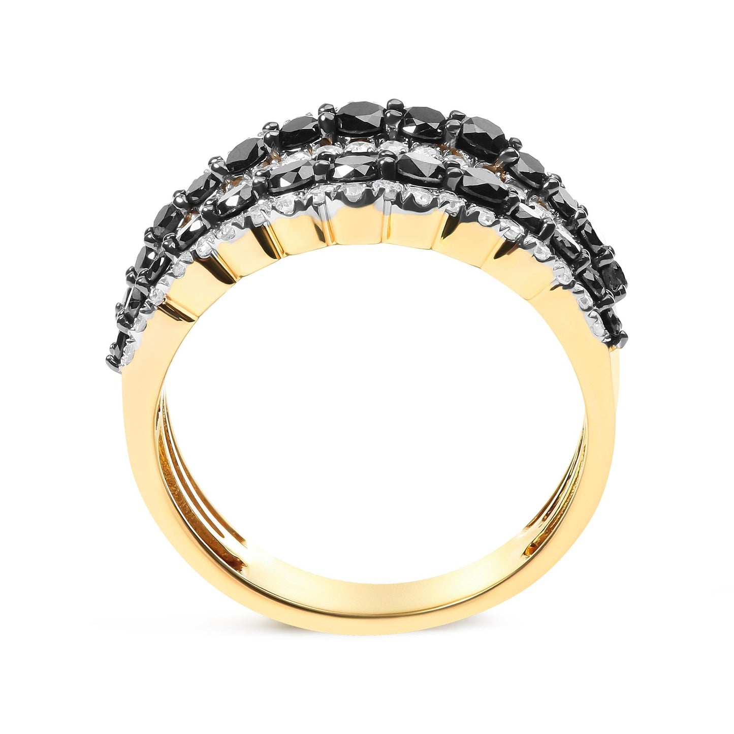 14K Yellow Gold Plated .925 Sterling Silver 1 3/4 Cttw Treated Black and White Alternating Diamond Multi Row Band Ring (Black / I-J Color, I2-I3 Clarity)-4