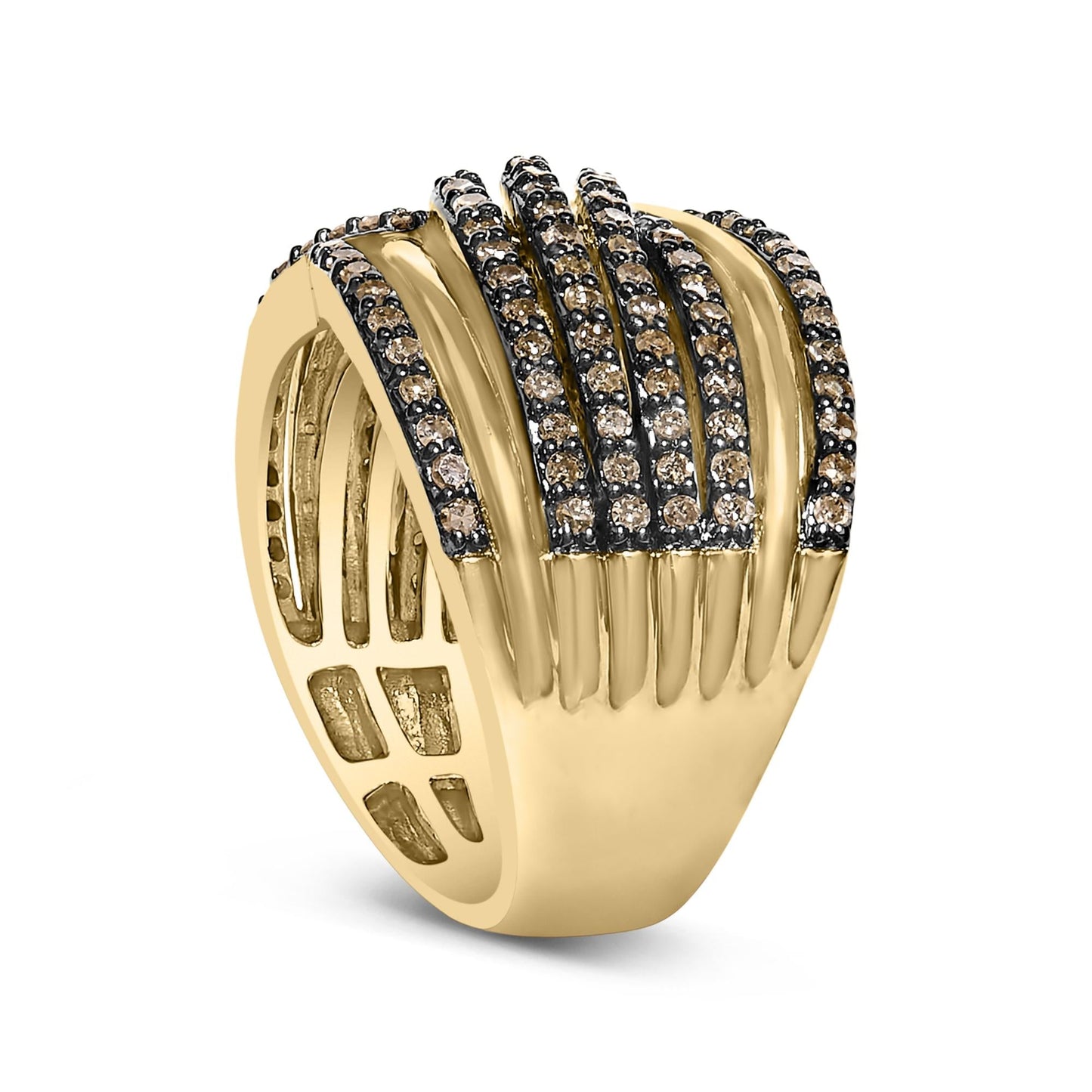 10K Yellow Gold Plated .925 Sterling Silver 1.0 Cttw Champagne Diamond Multi Row Cross Over Band Ring-4