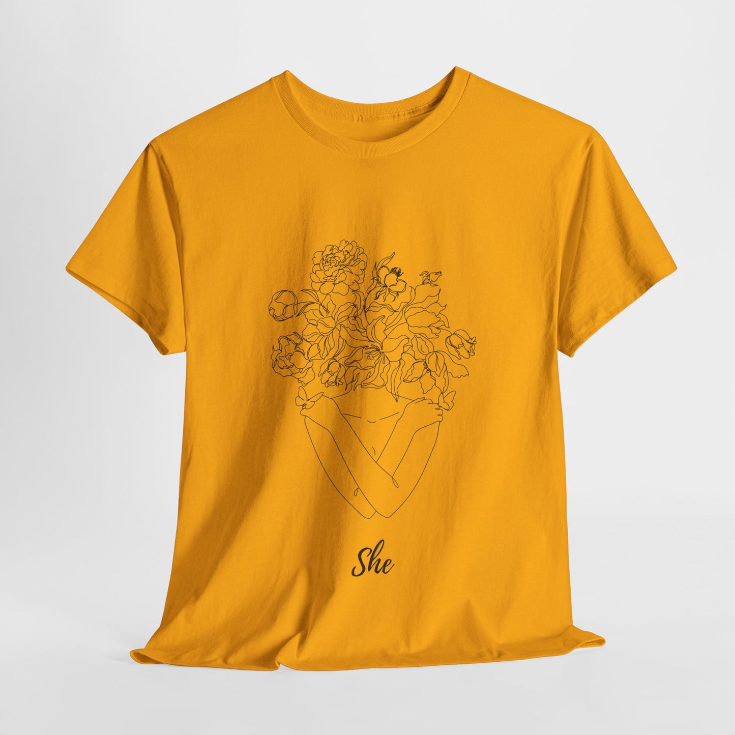 SHE Floral Love Unisex Heavy Cotton Tee, Casual T-Shirt, Gift for Her, Summer Fashion, Relaxed Fit Tee