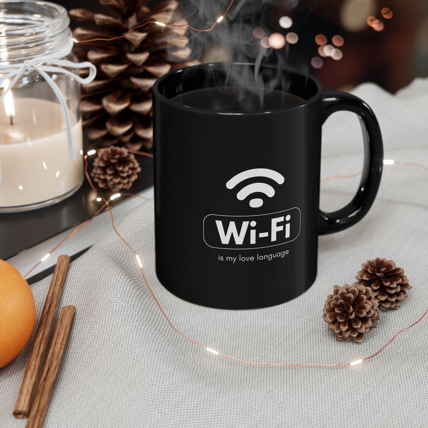 Wi-Fi Love Language Mug | Black Coffee Cup for Tech Lovers, Gift for Her, Him, Birthday, Programmer, Valentine's Day