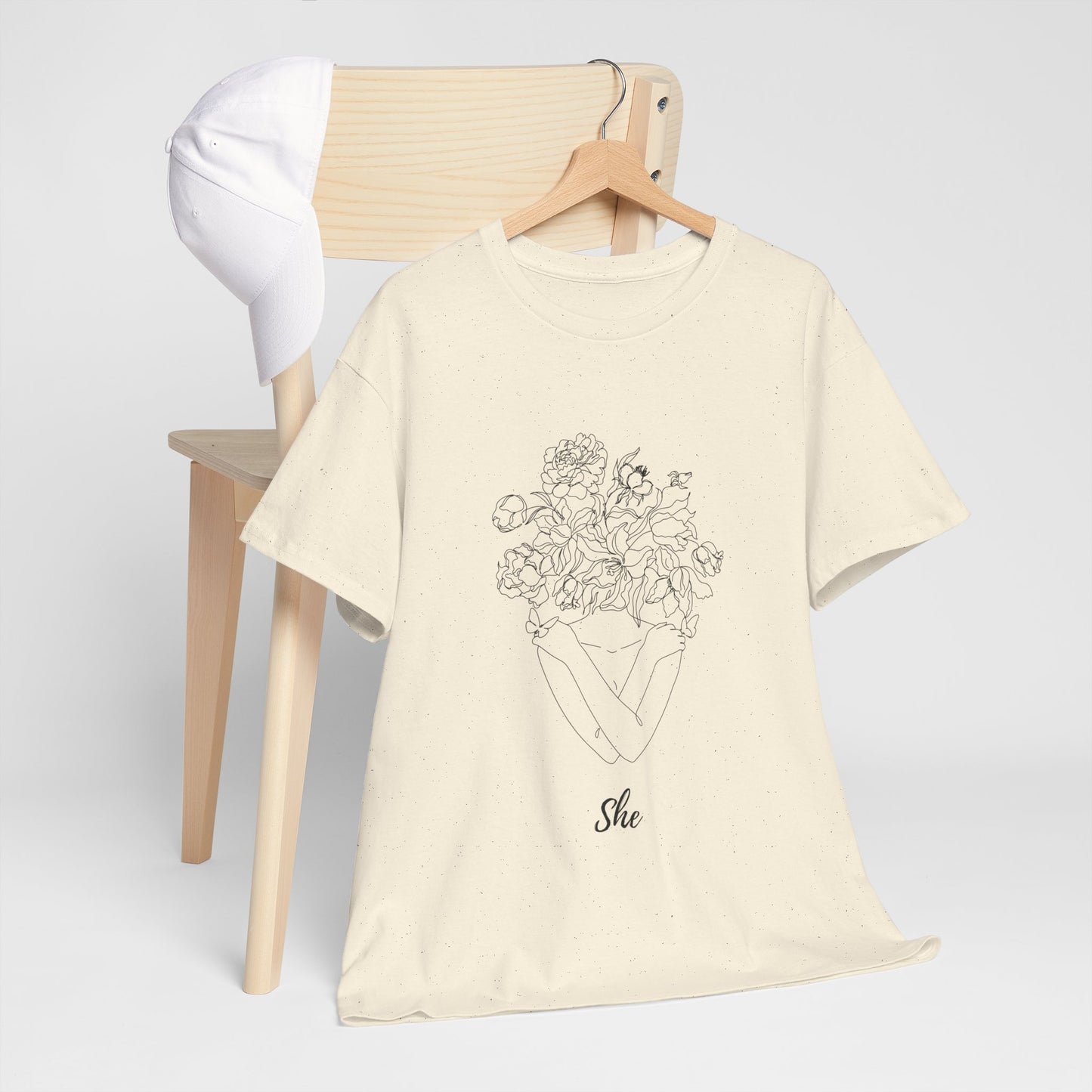 SHE Floral Love Unisex Heavy Cotton Tee, Casual T-Shirt, Gift for Her, Summer Fashion, Relaxed Fit Tee