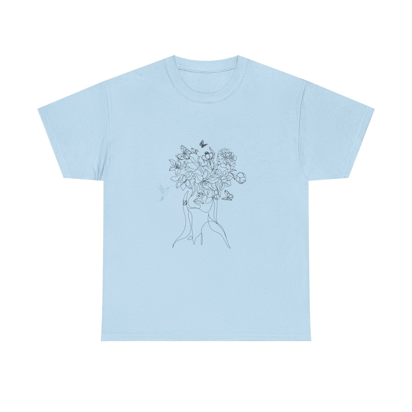 Floral Art Sketch Woman Flowers Hummingbird Unisex Heavy Cotton Tee - Beautiful Gift for Her, Everyday Comfort, Spring Style, Unique Graphic Shirt
