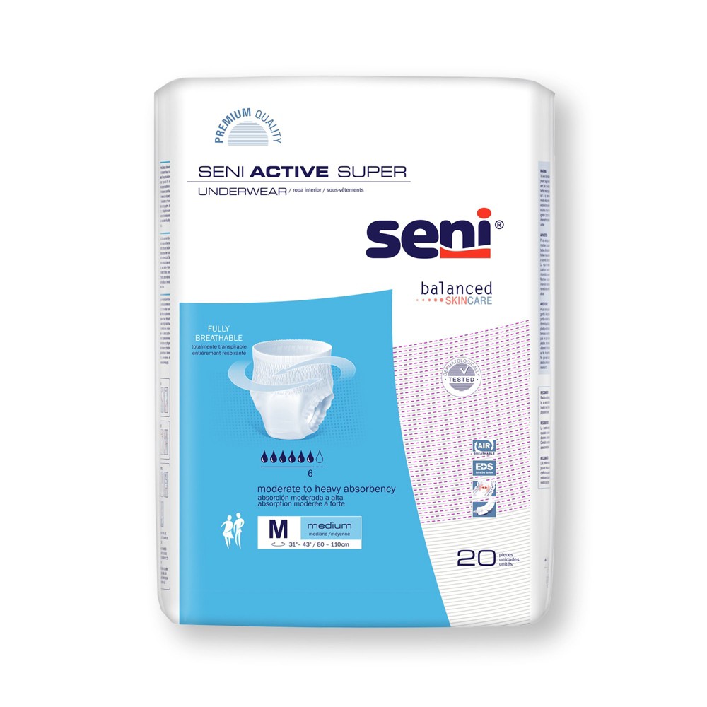 Seni Active Super Disposable Underwear Pull On With Tear Away Seams Medium, S-ME20-AS1, Moderate To Heavy