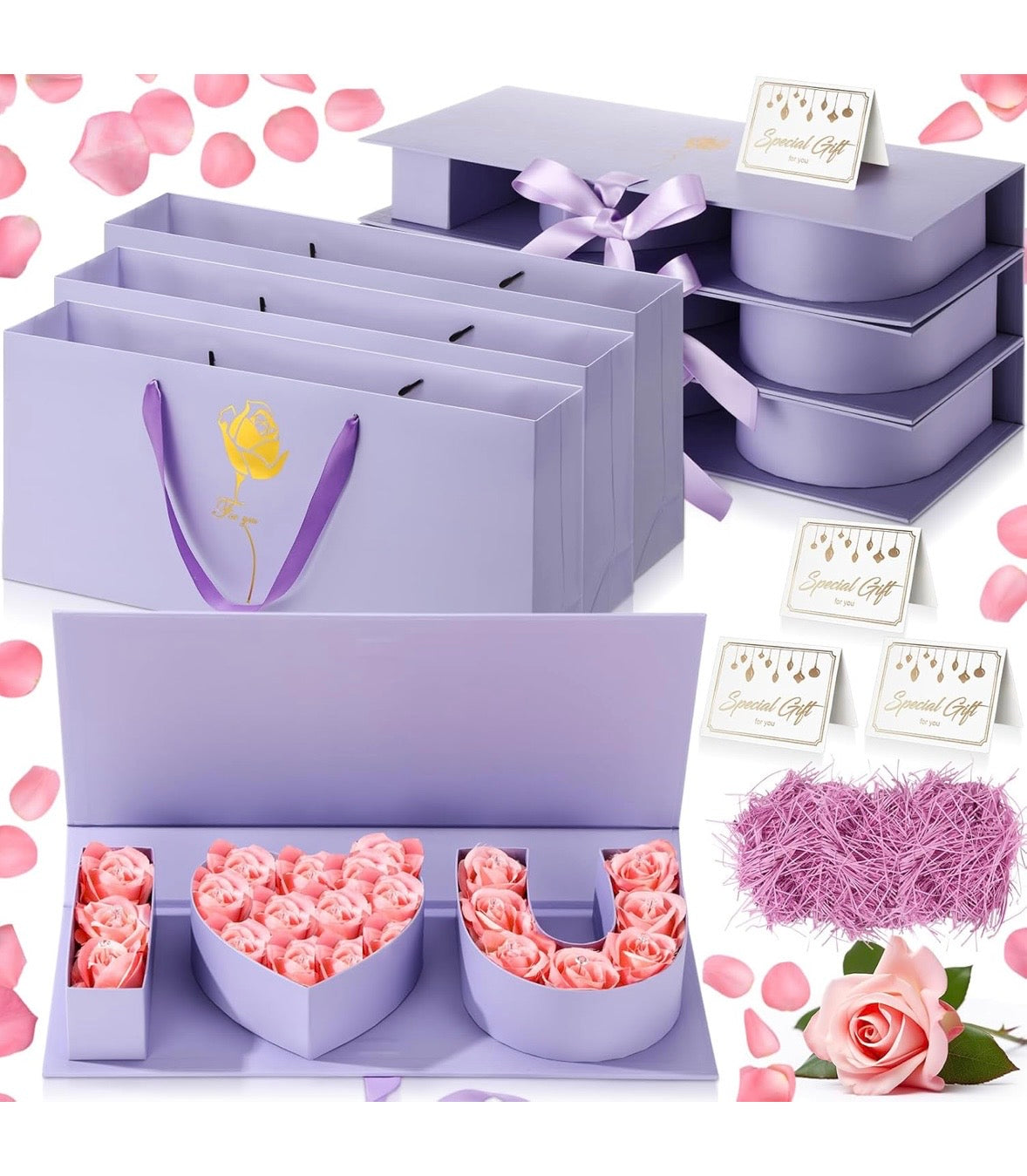 "I Love You" Box Cardboard 3 Fillable Flower Box 3 Gift Bags 3 Greeting Cards Raffia Paper Shreds for DIY Valentine's Day Wedding Bridal Shower Birthday Chocolate Gifts Packaging