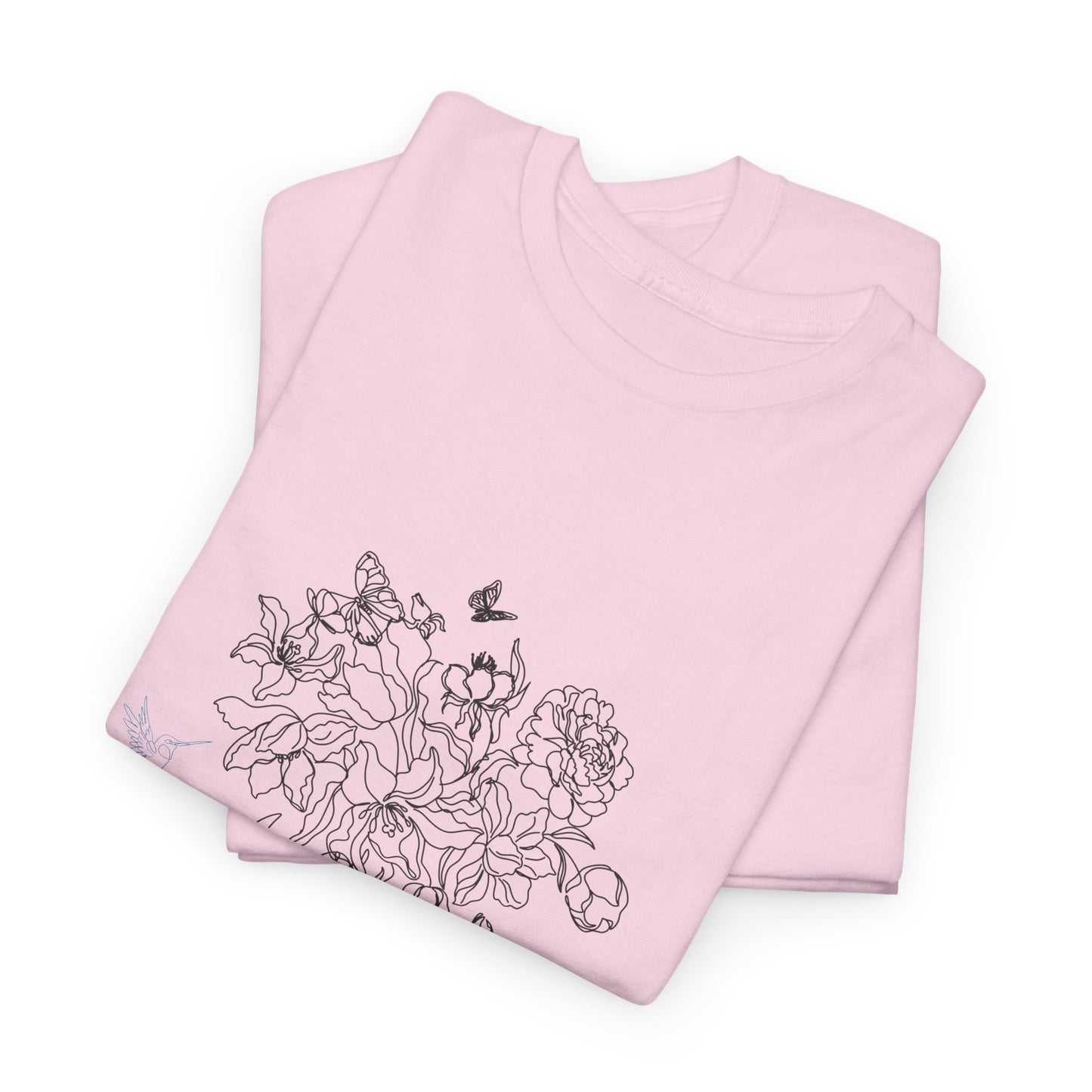 Floral Art Sketch Woman Flowers Hummingbird Unisex Heavy Cotton Tee - Beautiful Gift for Her, Everyday Comfort, Spring Style, Unique Graphic Shirt