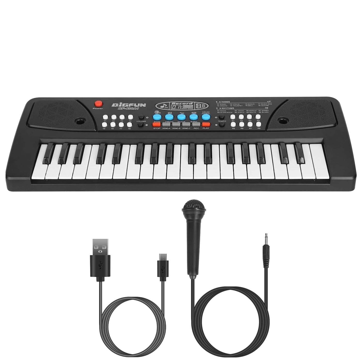 A DIGFUN electronic keyboard with 48 keys, shown with a USB charging cable and a handheld microphone on a plain white background. 37 Keys Digital Music Electronic Keyboard Instrument with Microphone