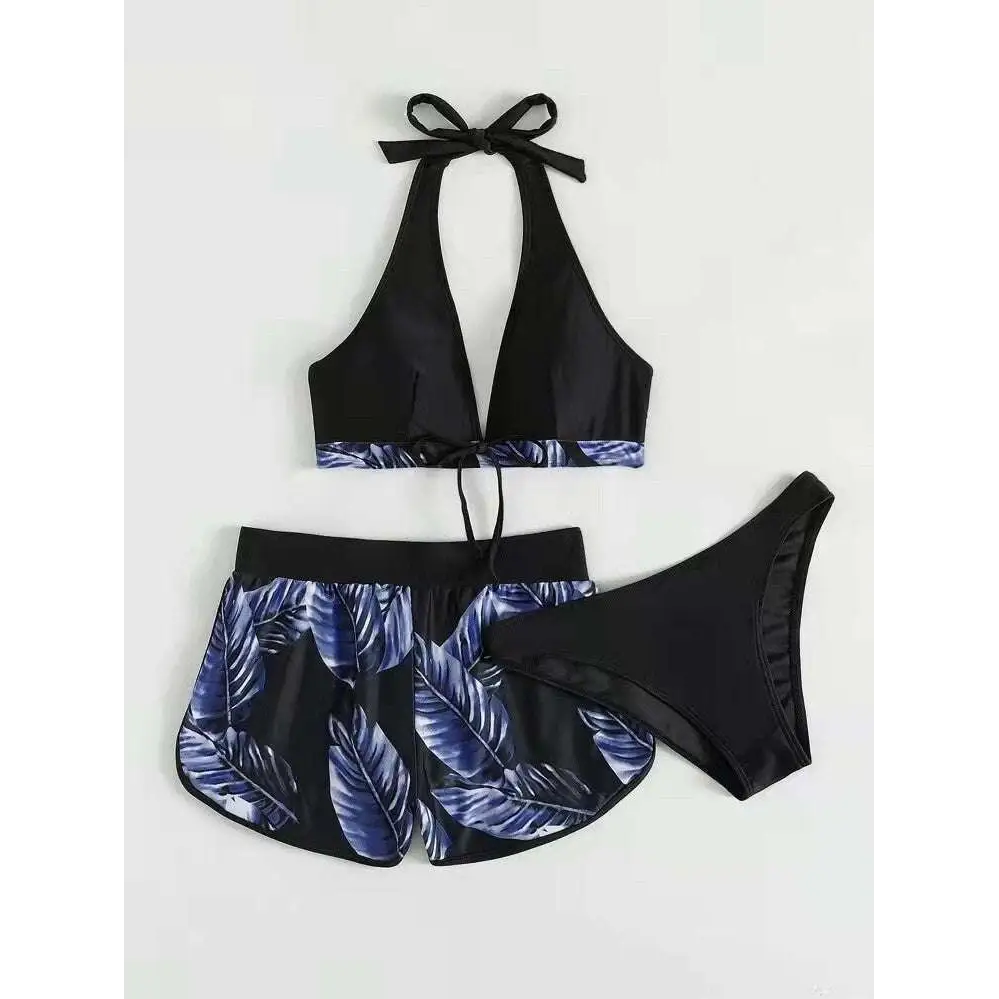 3pcs Leaf Print Bikini with Shorts Fashion Summer