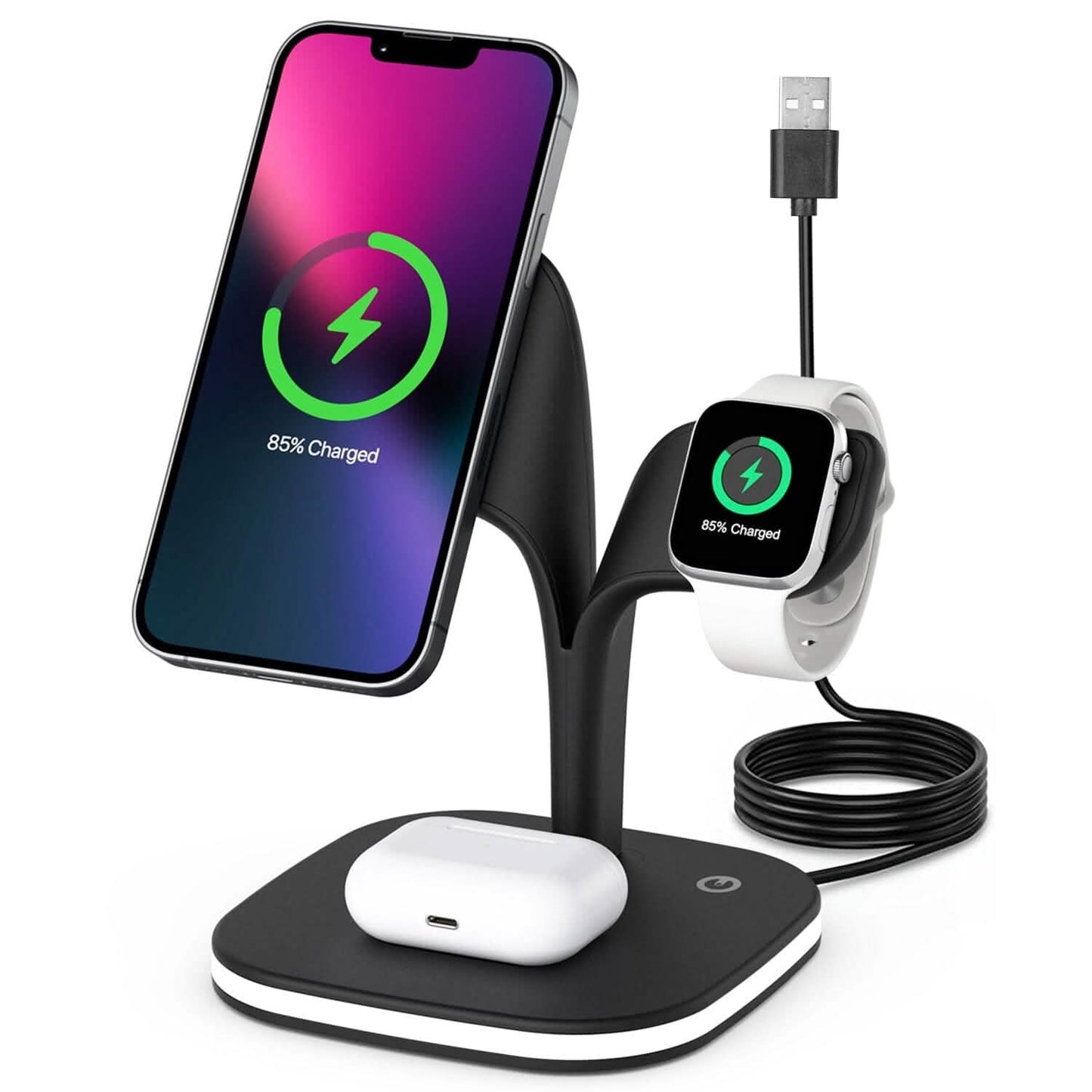 Multi-device charging stand with smartphone, smartwatch, and wireless earbuds on a white background