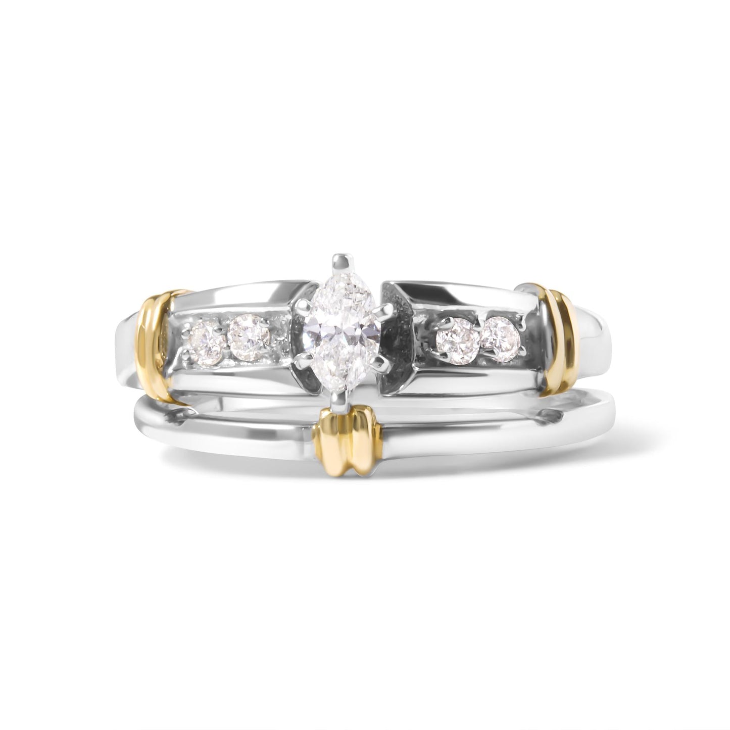 14K Yellow and White Gold 1/3 Cttw Marquise Diamond Cocktail Engagement Ring Set (H-I Color, SI1-SI2 Clarity)-4