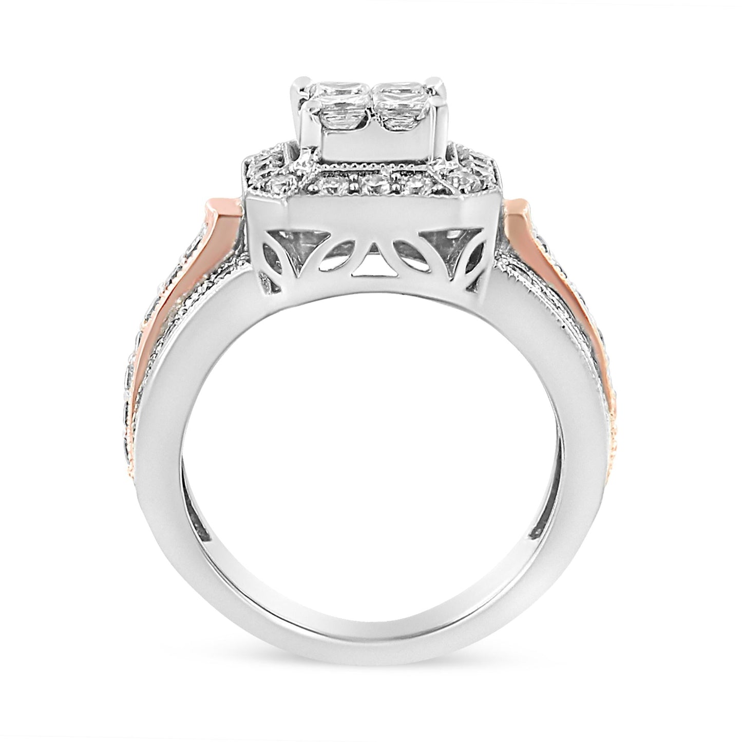 14K White and Rose Gold 1 1/8 Cttw Princess and Round-Cut Diamond Art Deco Style Triple Shank Halo Cocktail Ring (I-J Color, SI2-I1 Clarity)-4