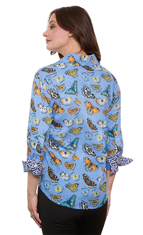 3/4 Sleeve Rome Shirt Blue Ground Cotton Voile Butterfly Print