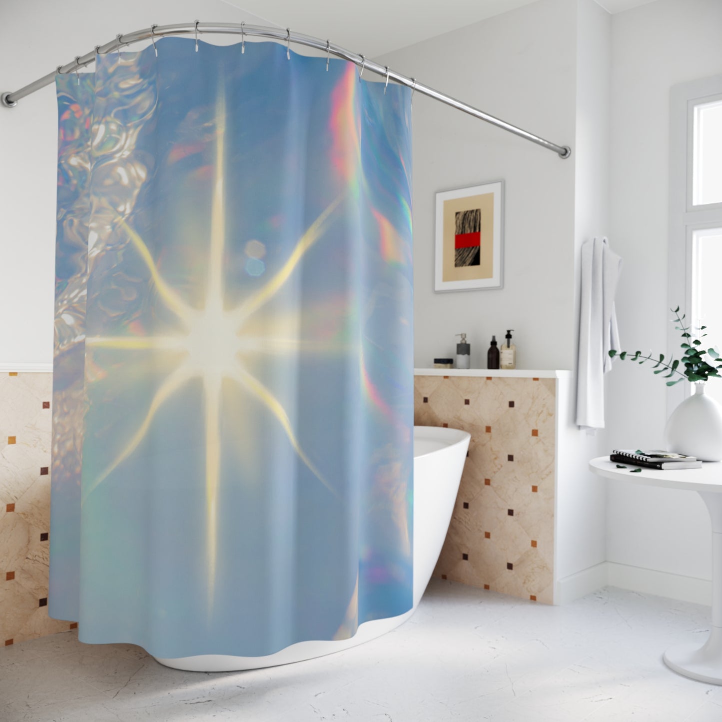 Iridescent Starburst Shower Curtain, Modern Bathroom Decor, Bright Light Vibe, Bohemian Home, Gift for New Homeowners
