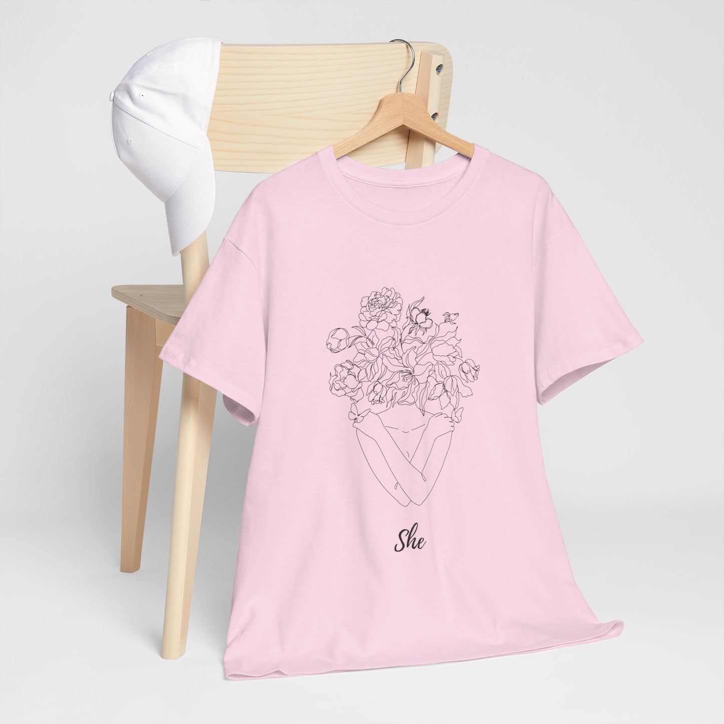 SHE Floral Love Unisex Heavy Cotton Tee, Casual T-Shirt, Gift for Her, Summer Fashion, Relaxed Fit Tee