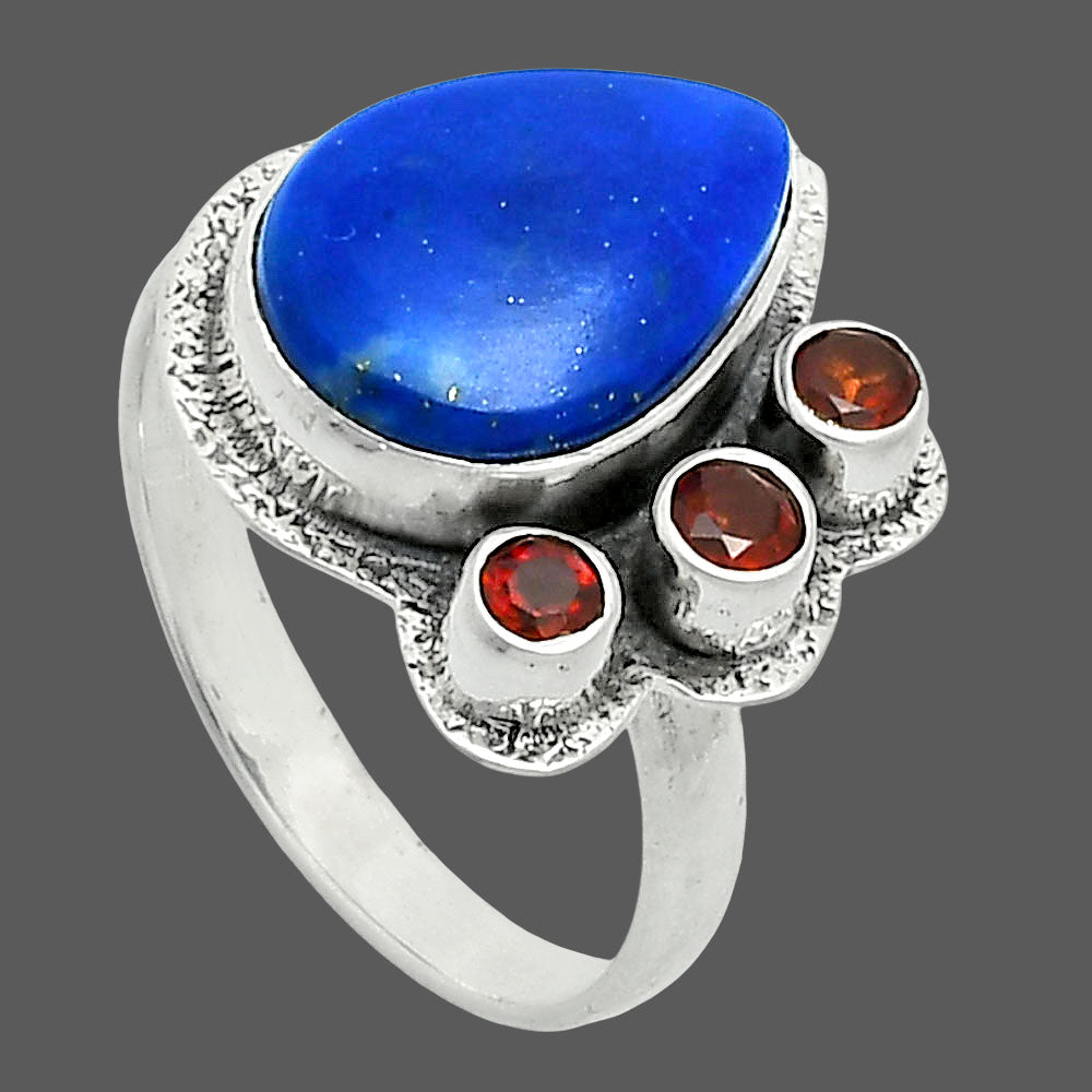 Premium Quality Lapis Lazuli - Afghanistan & Garnet Ring size-9 R-1655 42-ER13691-2