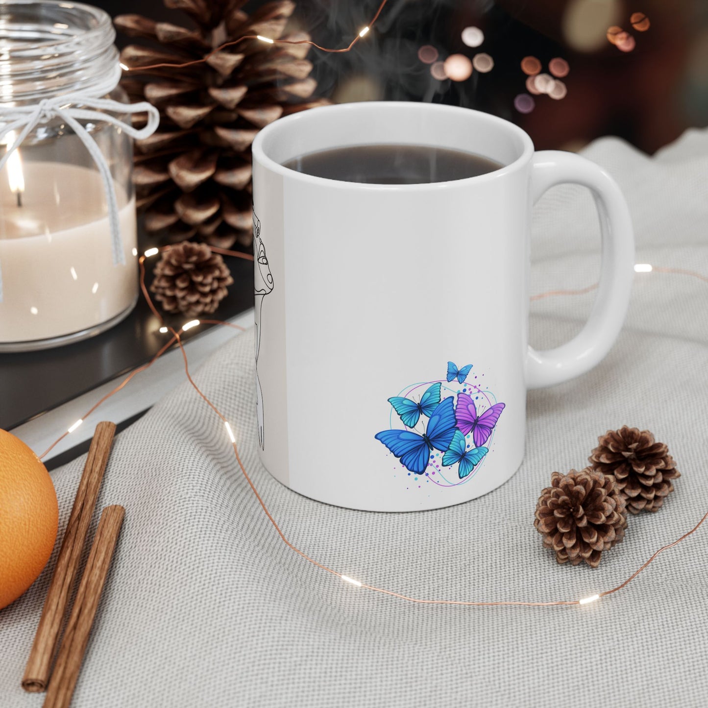 Artistic Butterfly Crystal Woman Ceramic Mug - Modern Line Art, Butterfly Design, Cute Gift, Home Decor, Coffee Lover, Artistic Print